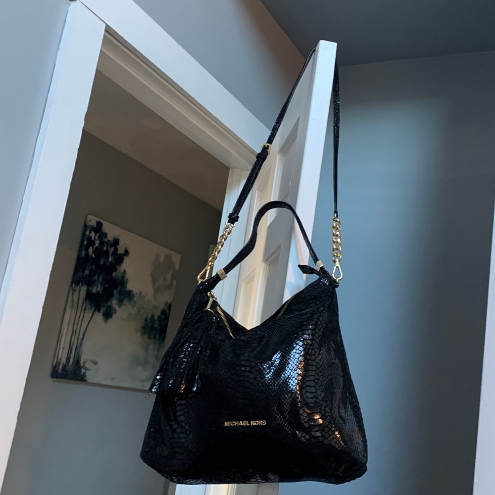 Authentic Michael Kors black snake print lightweight hobo slouch bag - Picture 6 of 17